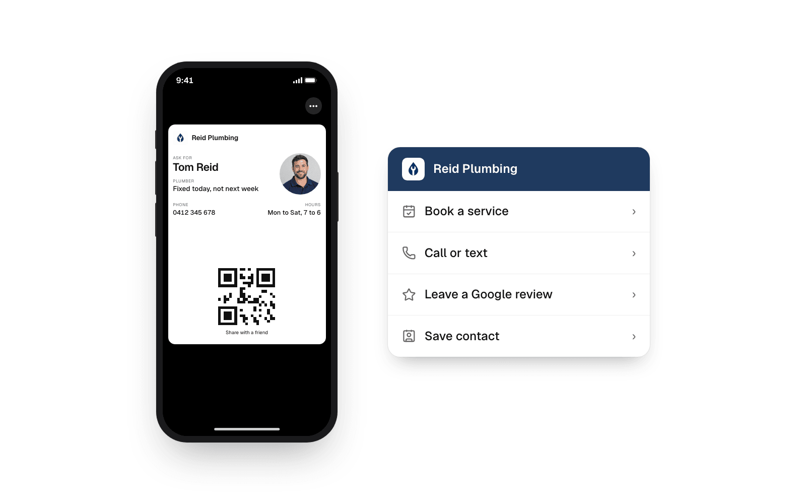 The back of an Apple Wallet business card showing four buttons: Book a service, Call or text, Leave a Google review and Save contact