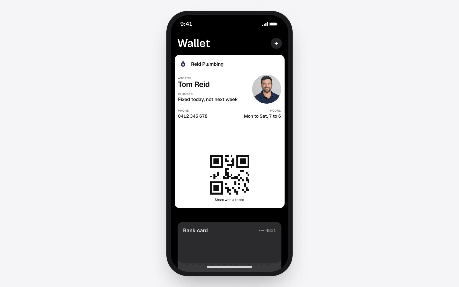 A plumber's business card as a pass in Apple Wallet on an iPhone, sitting above the owner's bank card and boarding pass