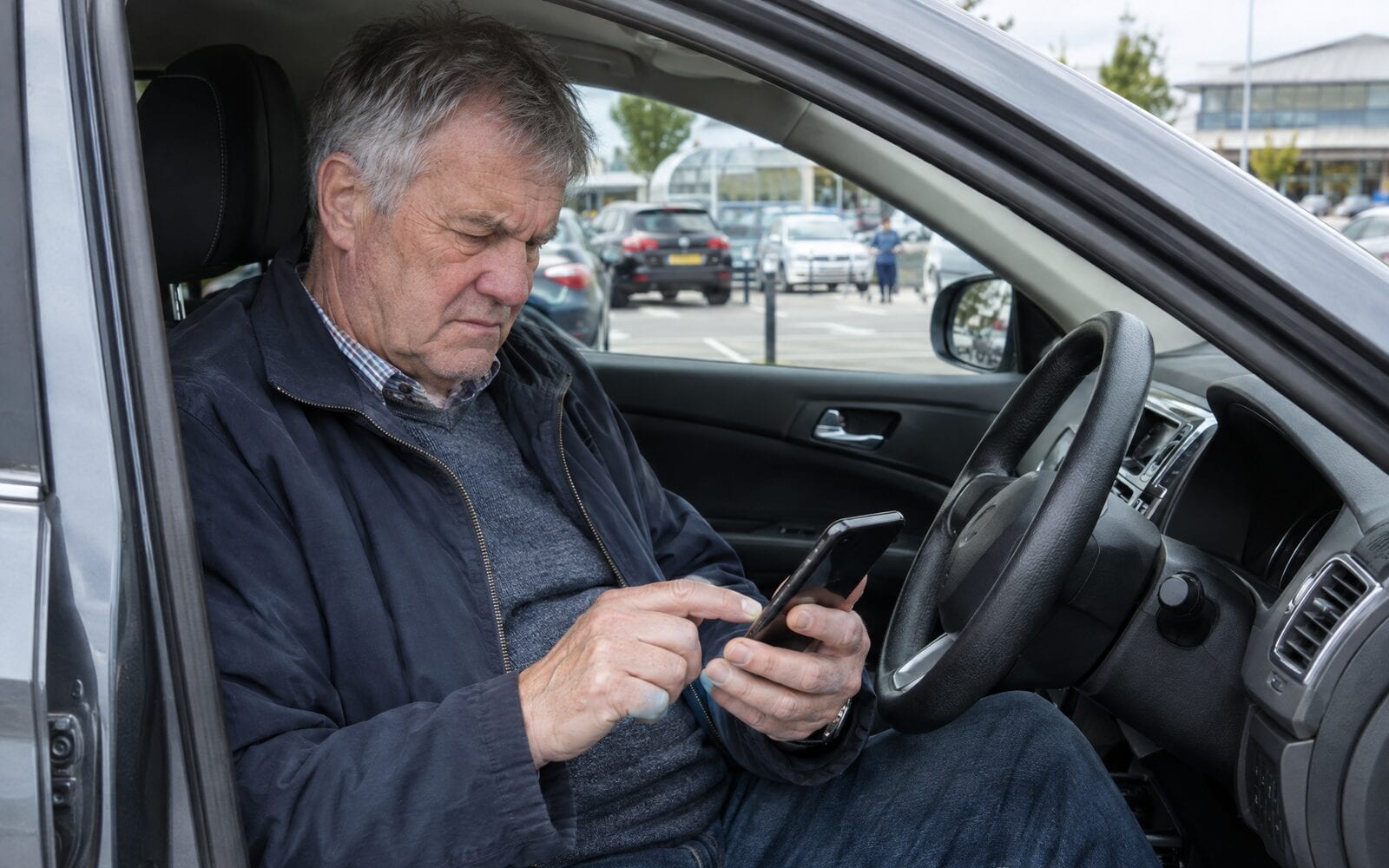 A man in the driver's seat of his parked car frowning at his Android phone as he taps a link someone texted him