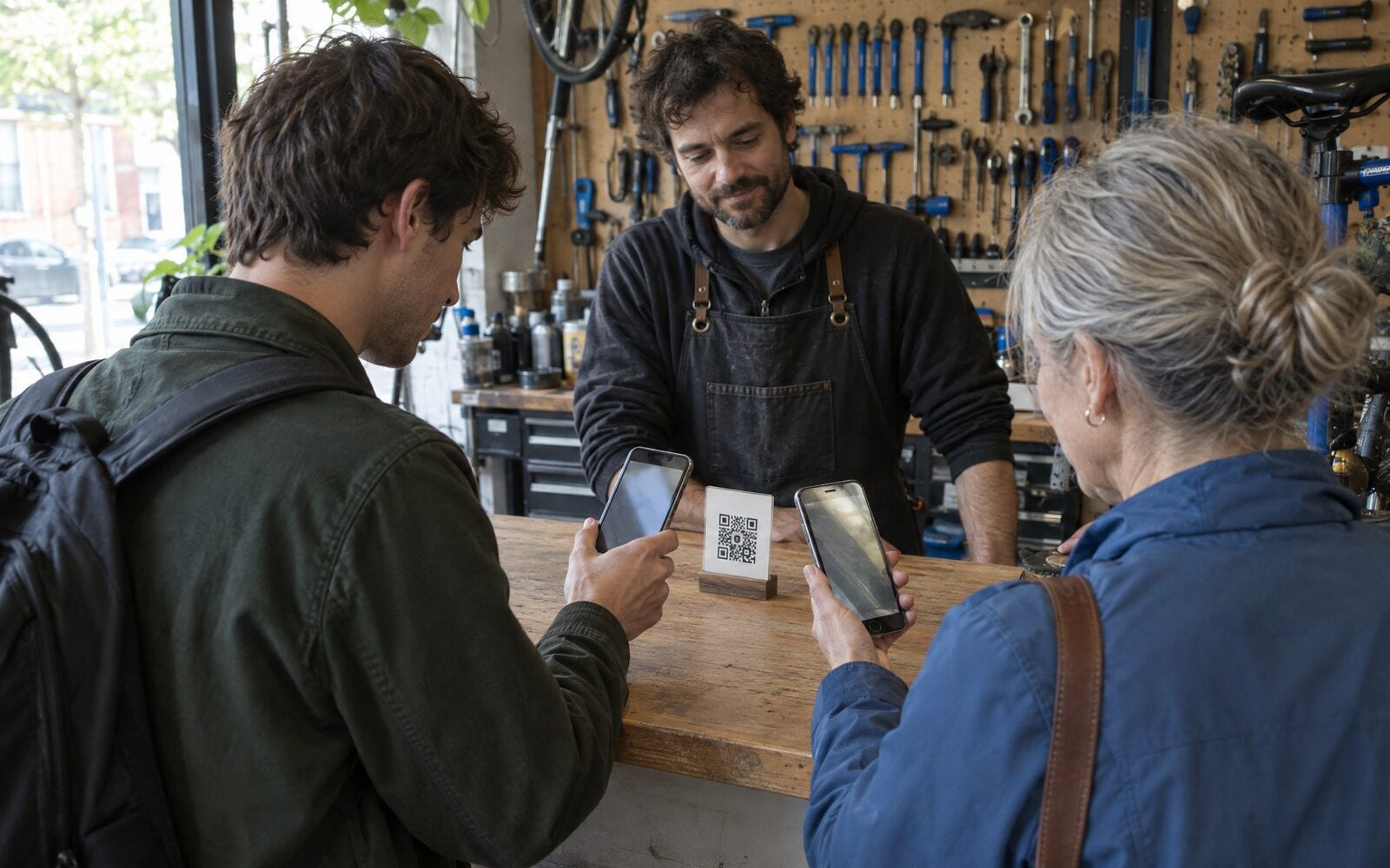 Two customers at a bike workshop counter scanning the same QR code stand with different phones while the mechanic watches