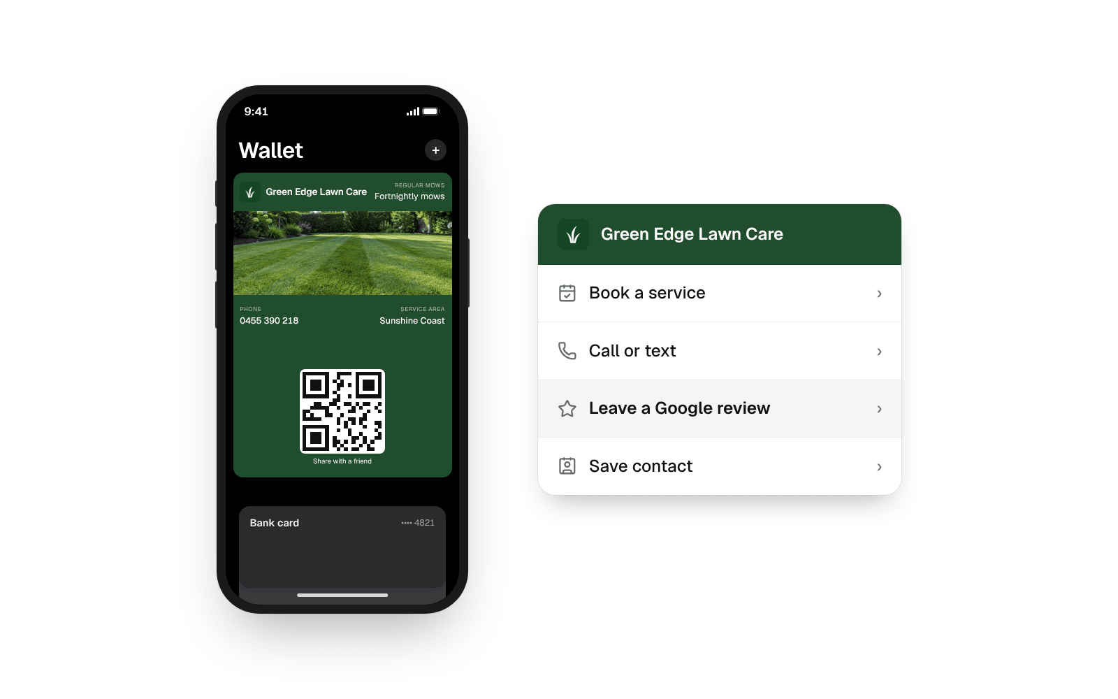 The back of Green Edge Lawn Care's digital business card in Wallet, with buttons to book, call, leave a Google review and save the contact