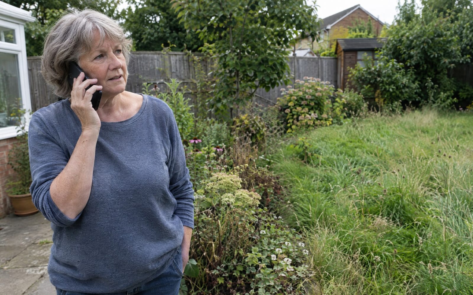 A woman in her back garden beside an overgrown lawn, on the phone to her lawn care business months after the last visit