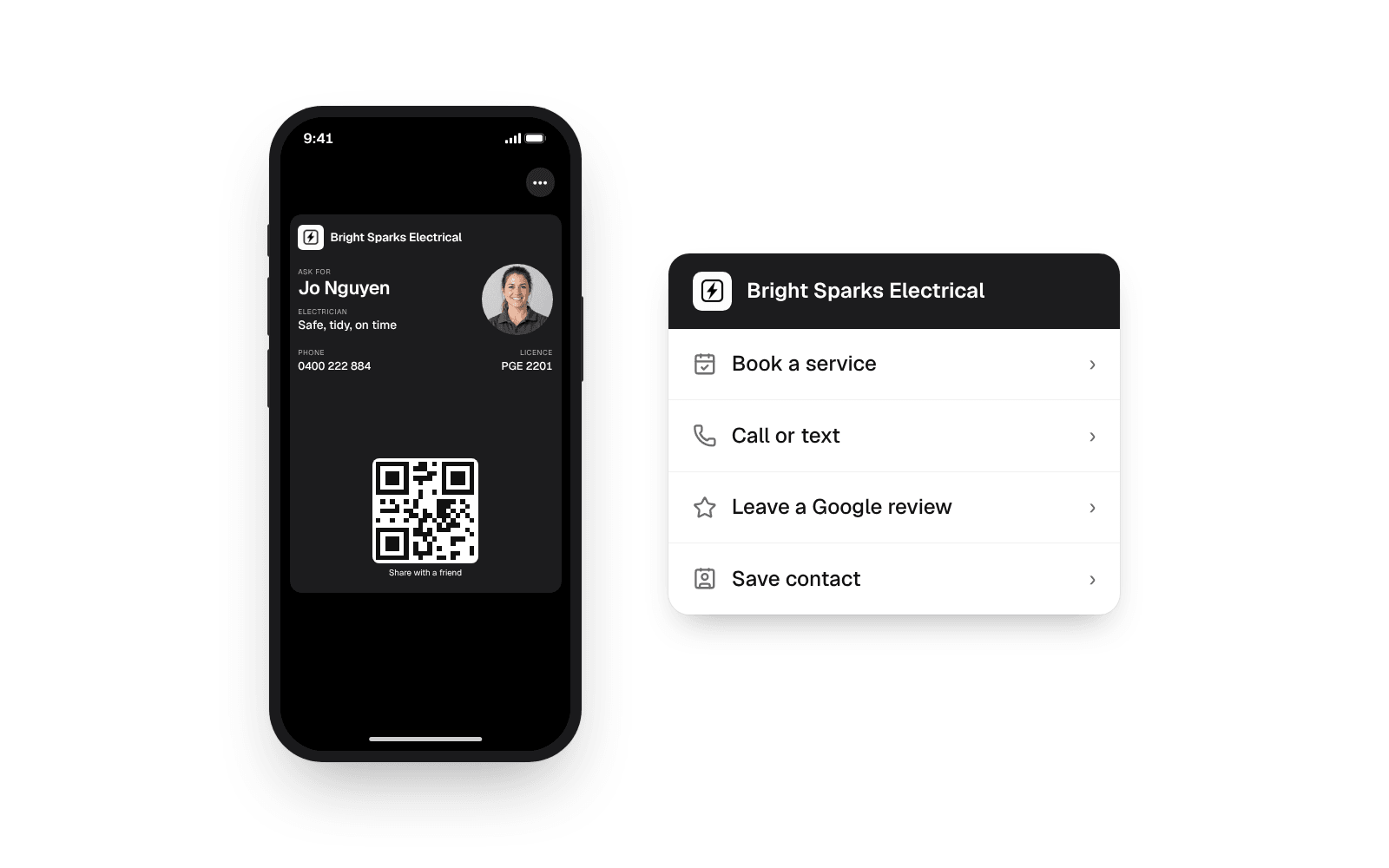 The back of an Apple Wallet business card showing buttons to book a service, call or text, leave a Google review and save the contact