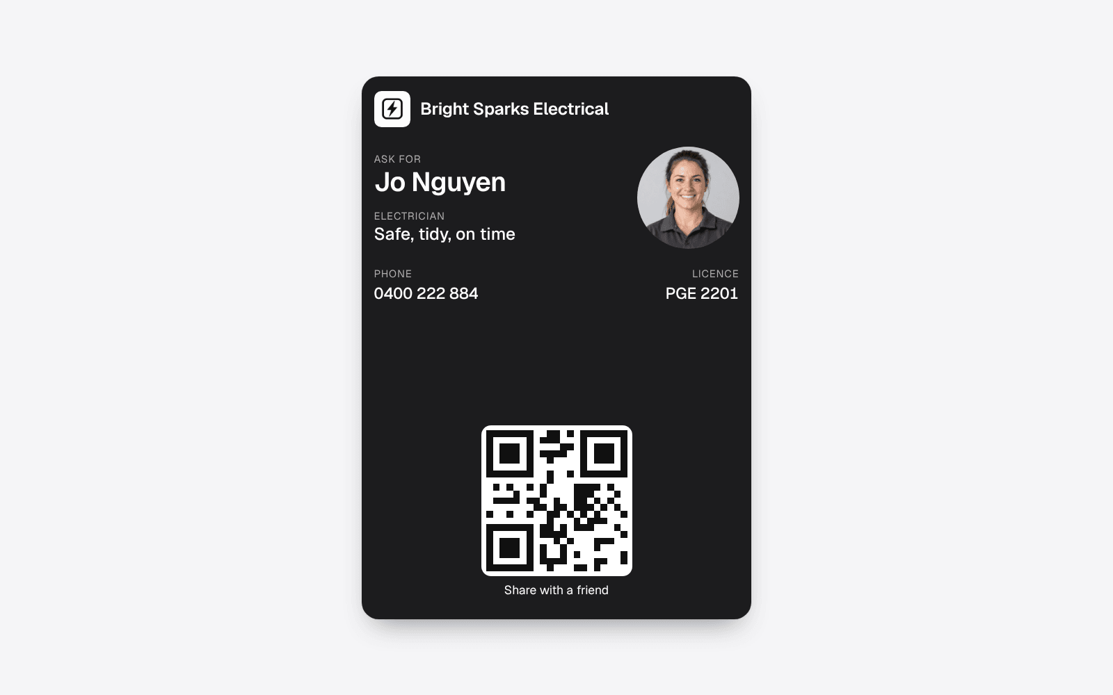 The front of an electrician's business card in Apple Wallet with the QR code that adds the card to another person's Wallet