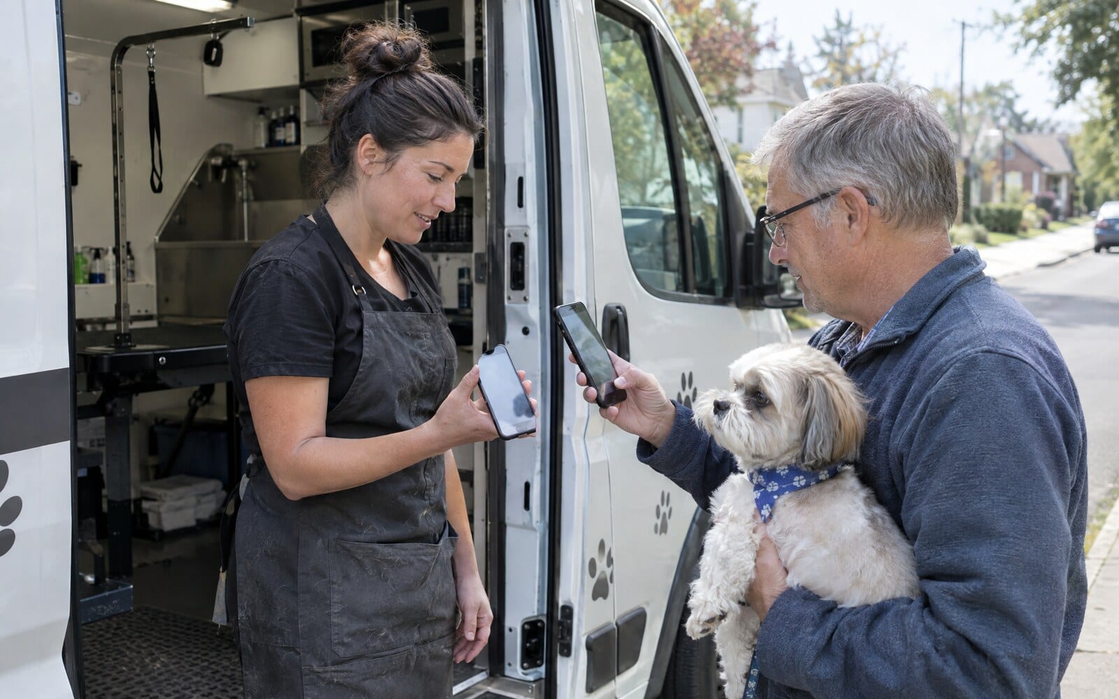 A dog groomer at her van door holding up her phone while a customer with his small dog scans her digital business card with his own phone, no app needed