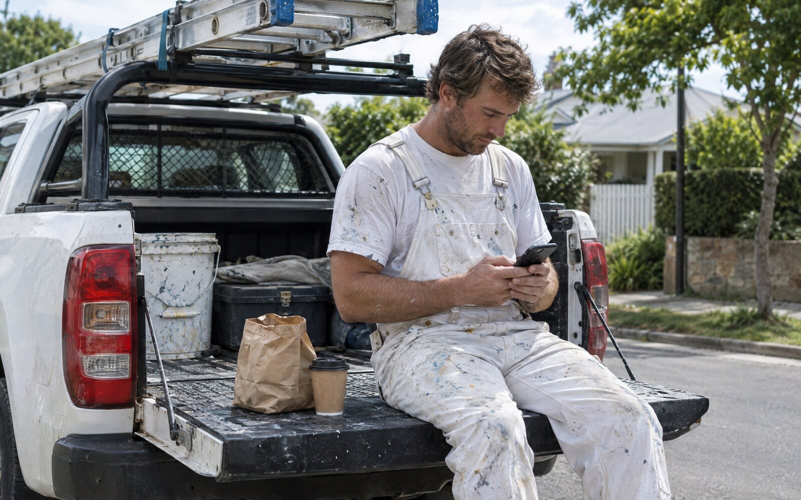 A house painter in overalls sitting on the tailgate of his ute at lunchtime, typing on his phone