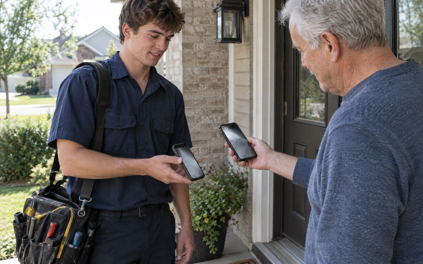 A young plumbing apprentice at a customer's front door holding out his phone while the homeowner scans it to save his business card