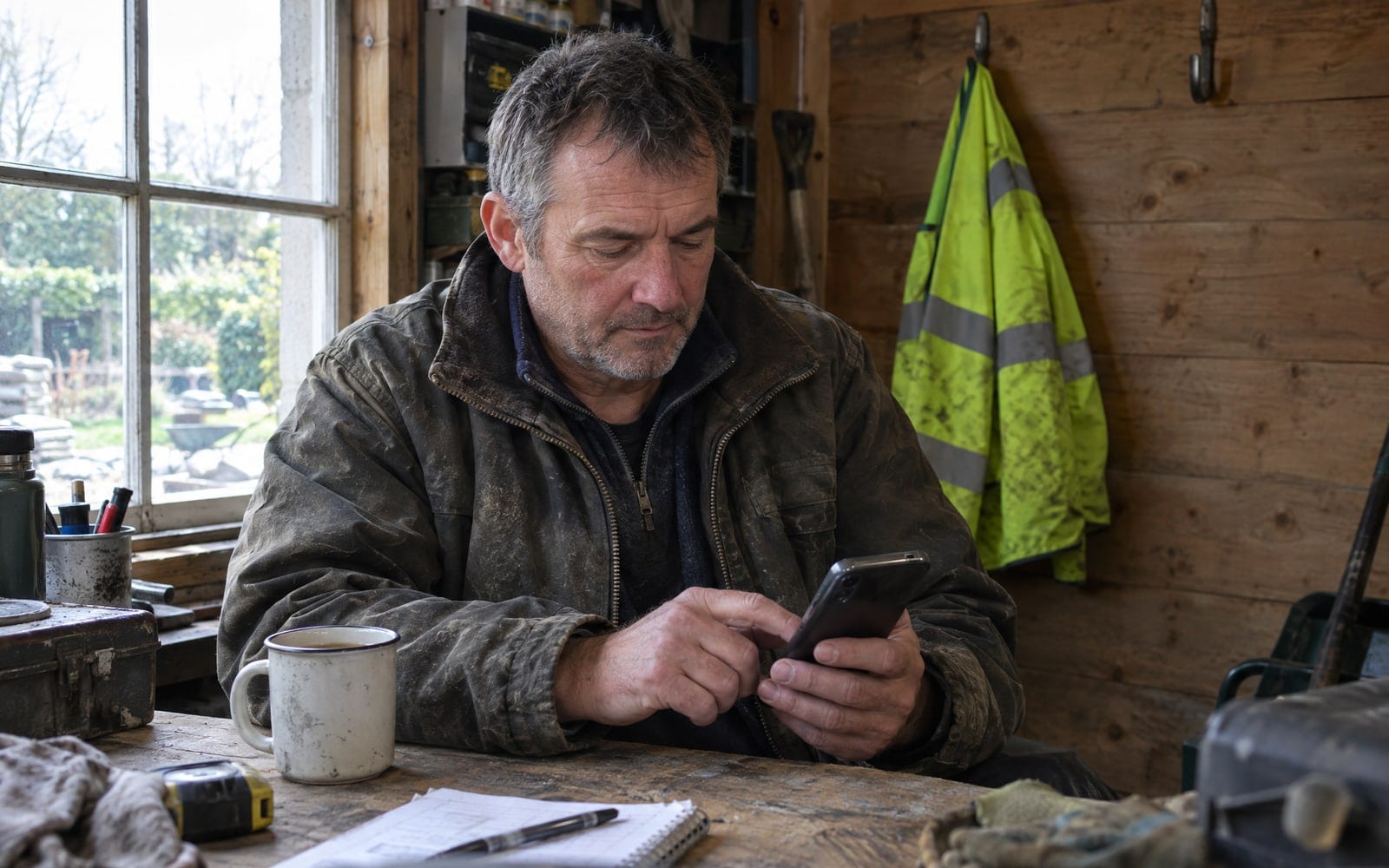 A landscaping business owner at the bench in his shed, changing a team member's business card on his phone after the employee has left, with a hi-vis jacket on the hook behind him