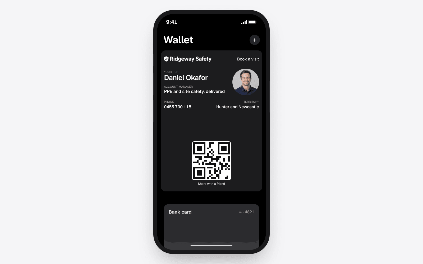 A personal digital business card in Apple Wallet for Daniel Okafor, account manager at Ridgeway Safety, with his photo, phone number and territory on the front