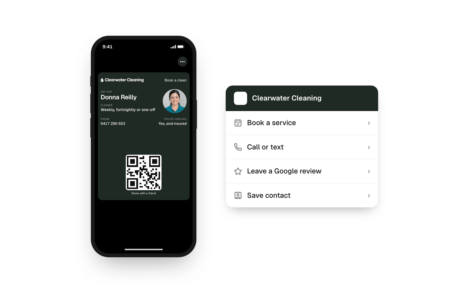 A free digital business card in Apple Wallet beside its back, with buttons to book a service, call or text, leave a Google review and save the contact