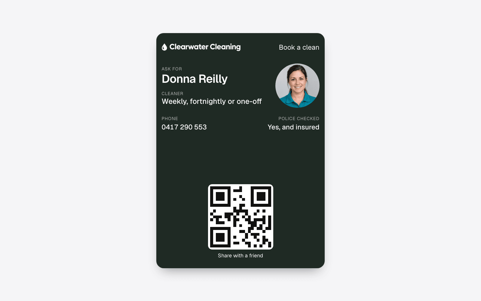 The front of a free digital business card for a cleaning business, with the QR code a customer scans to save it to their Wallet