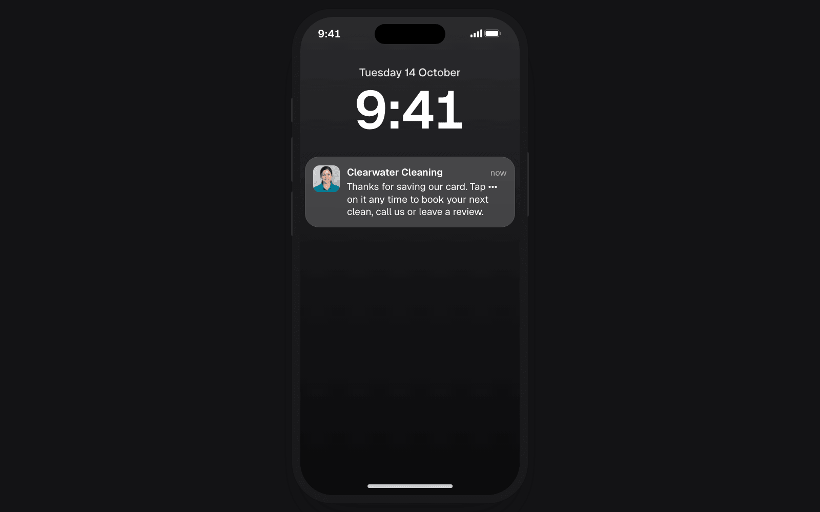 An iPhone lock screen showing a thank-you message from Clearwater Cleaning, the kind of automatic follow-up the Pro plan adds