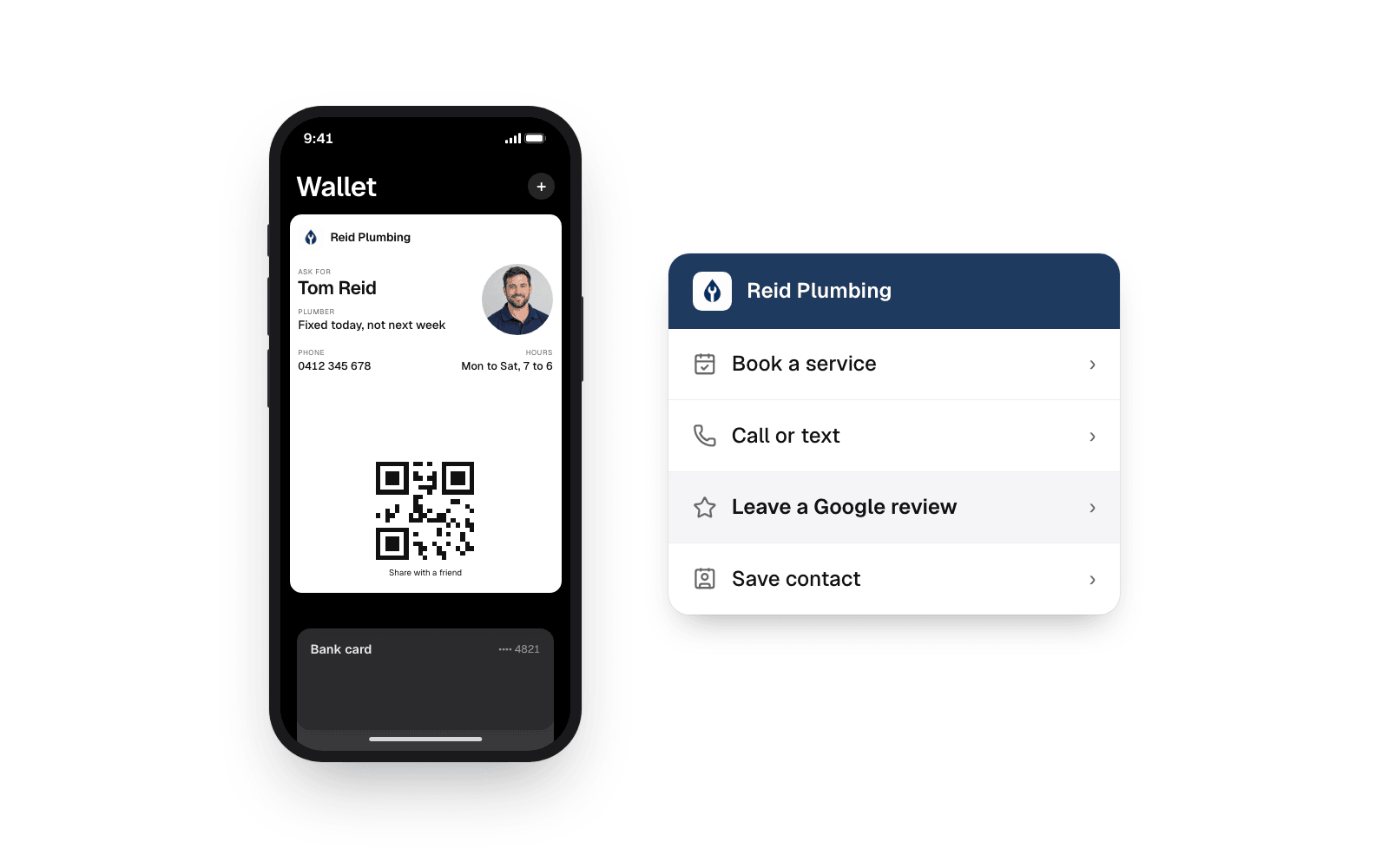 A business card in Apple Wallet beside its back, with the Leave a Google review button highlighted as the first thing a customer sees