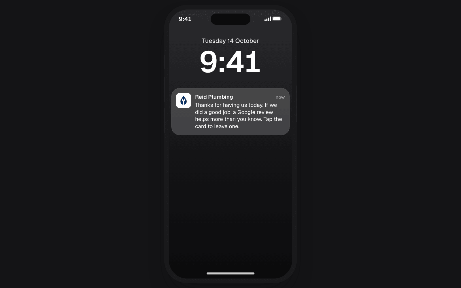 An iPhone lock screen the morning after a job, showing a notification from Reid Plumbing asking the customer for a Google review