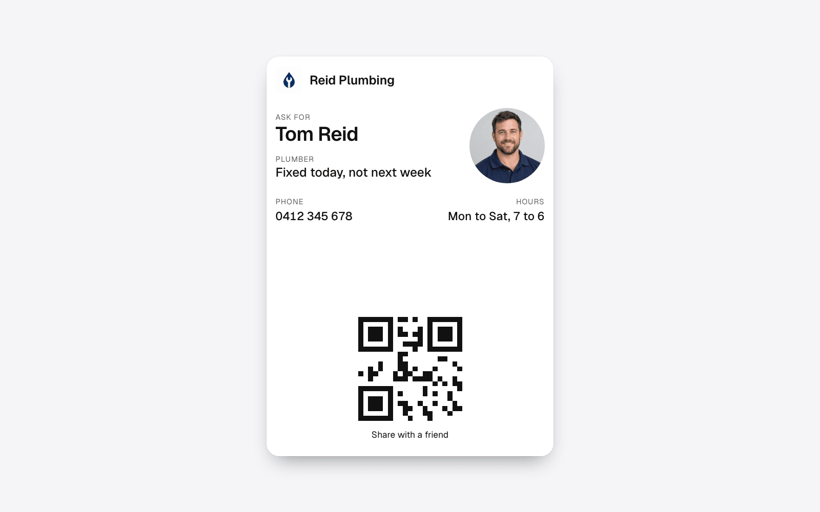 A digital business card with its QR code on the front, the code a customer scans to put the card and its Google review link in their Wallet