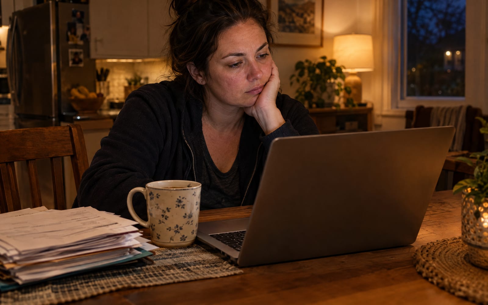 A cleaning business owner at her kitchen table in the evening with a laptop, building a web page for her business