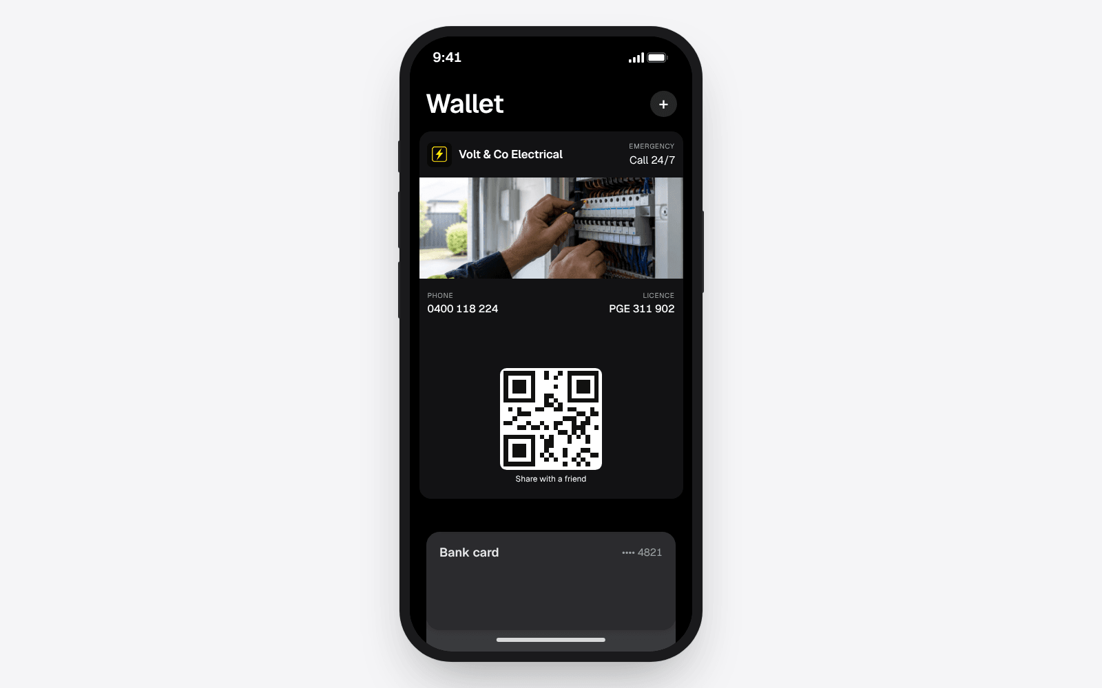 A digital business card for an electrical company in Apple Wallet, sitting at the front of the Wallet on an iPhone
