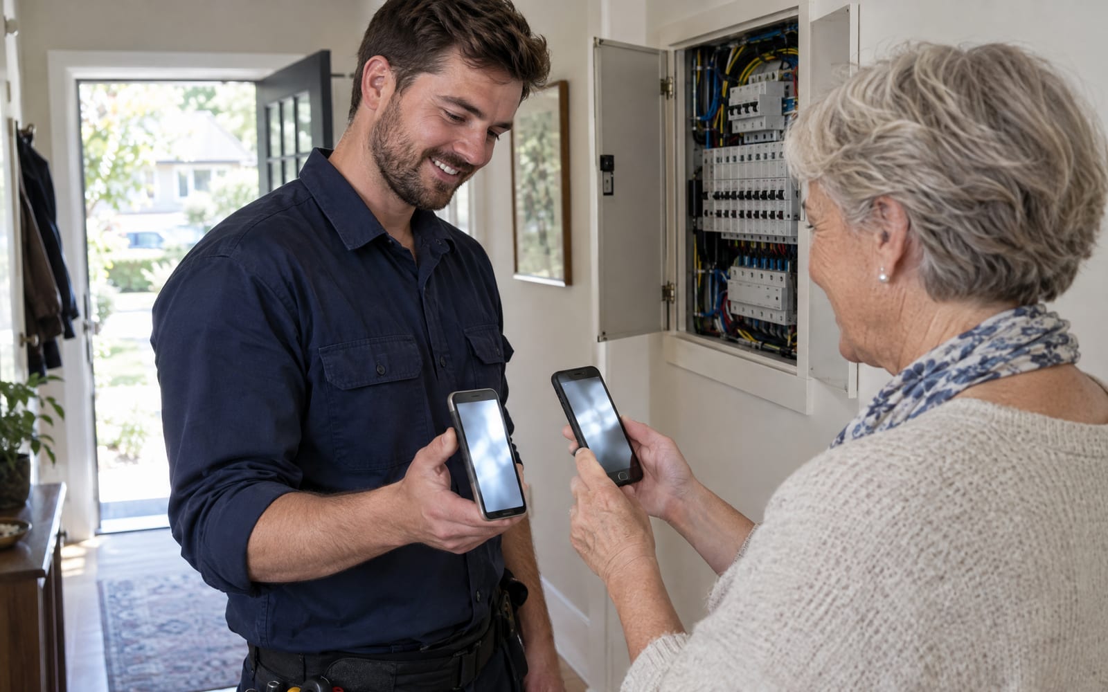 An electrician in a homeowner's hallway holding up his phone while she scans the code on it, the switchboard cupboard open behind them