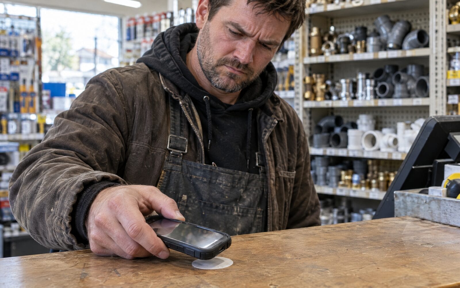 A man at a hardware shop counter holding his phone in a thick case against a small NFC sticker and waiting for it to respond