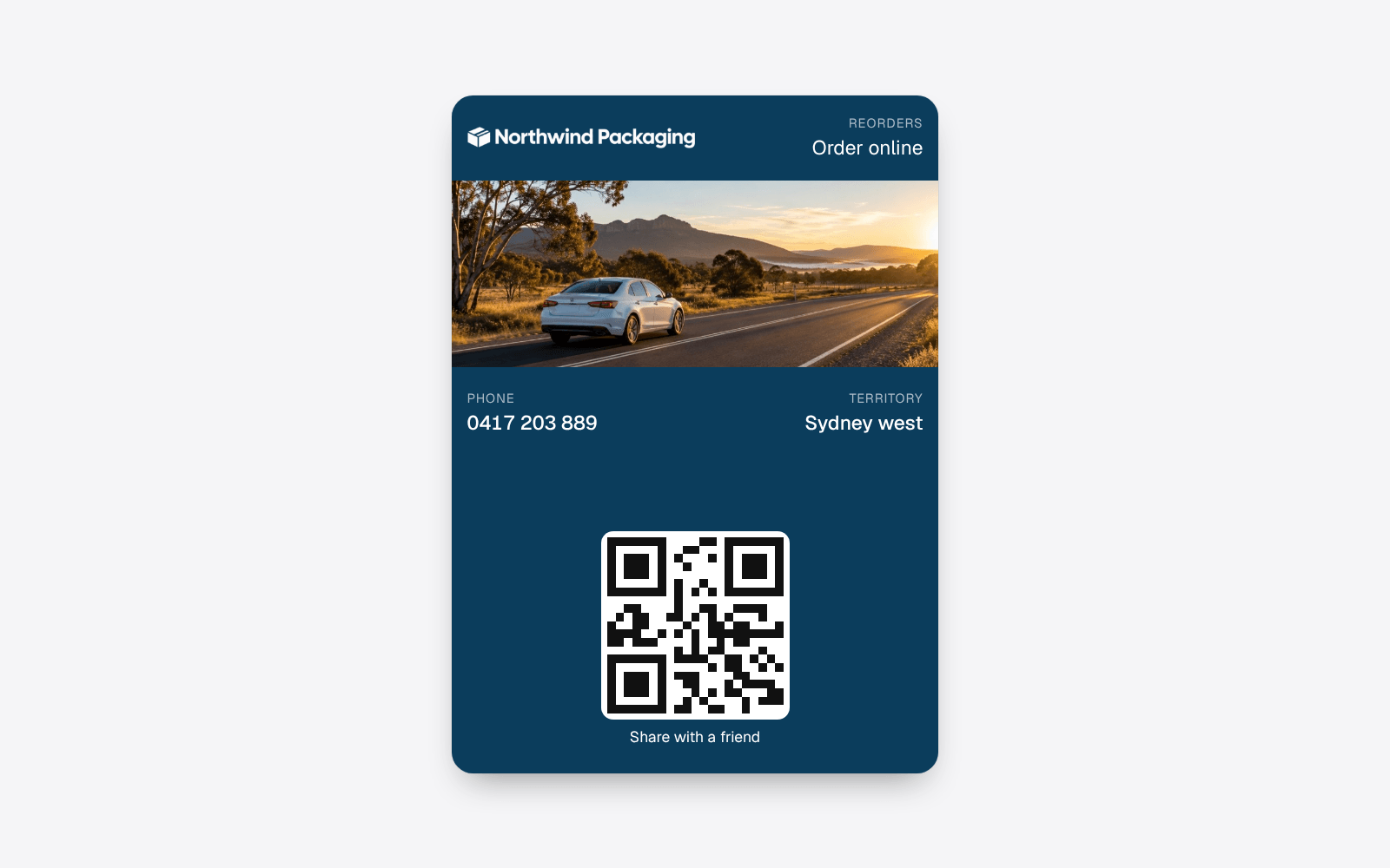 The front of Northwind Packaging's business card in Apple Wallet with the QR code a customer scans to save it