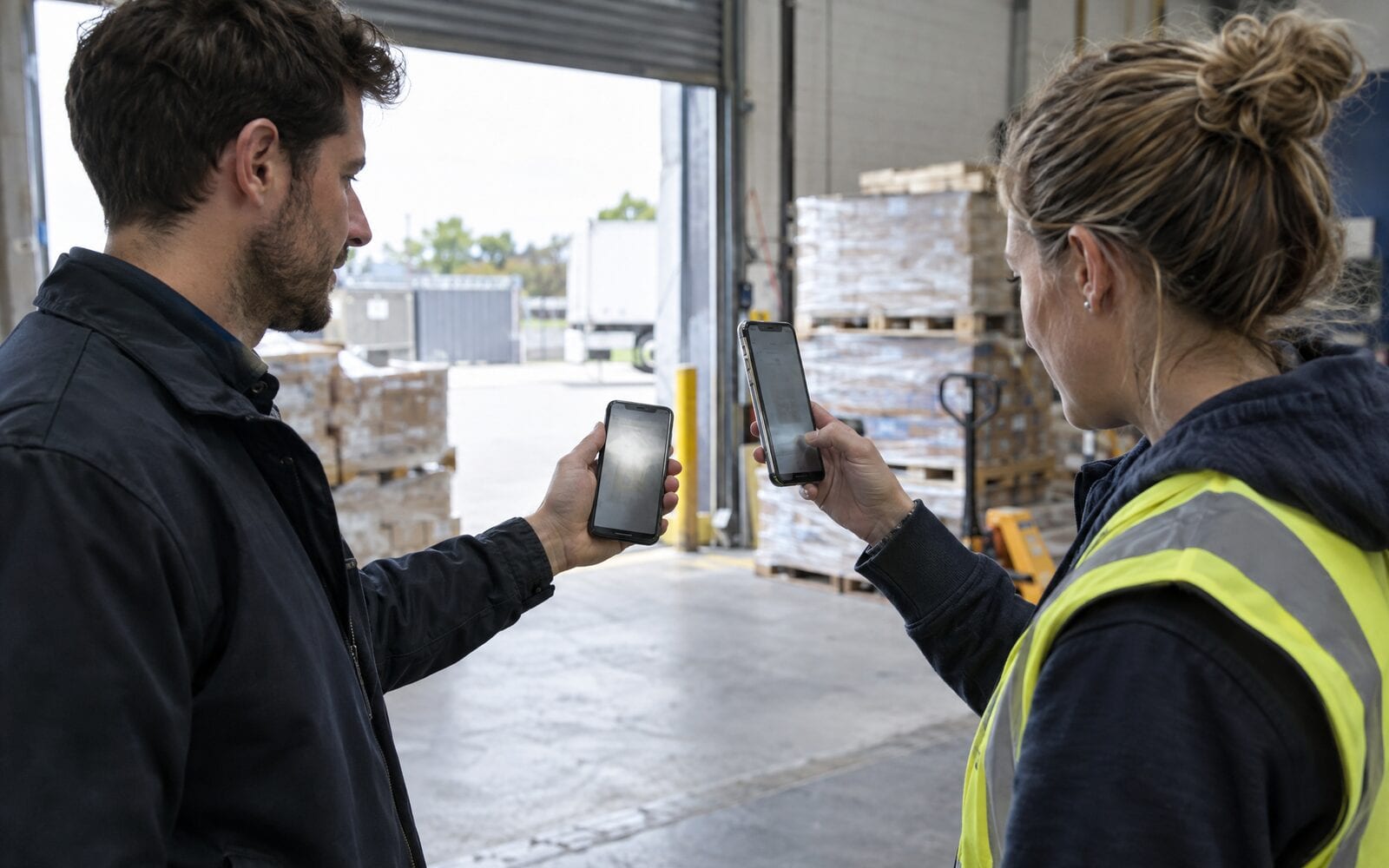 A sales rep in a warehouse loading dock holding up his phone while the warehouse manager scans it with her own phone