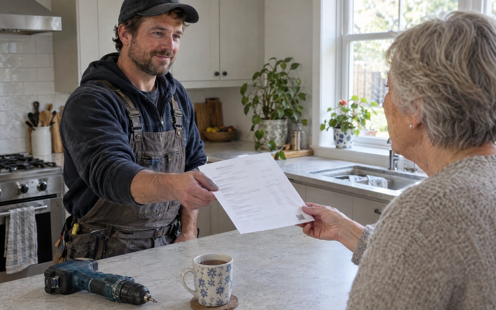 A handyman handing a customer an invoice at her kitchen bench, with a QR code printed at the bottom of the page