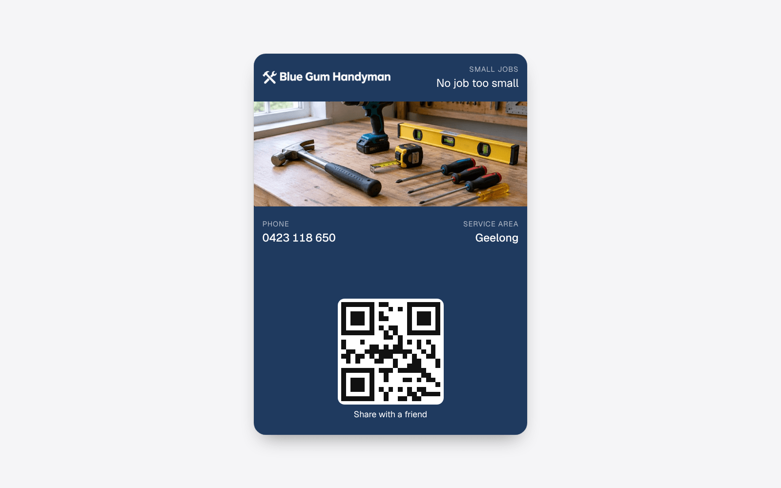 The front of a handyman's business card in Apple Wallet with the QR code a customer scans to save it