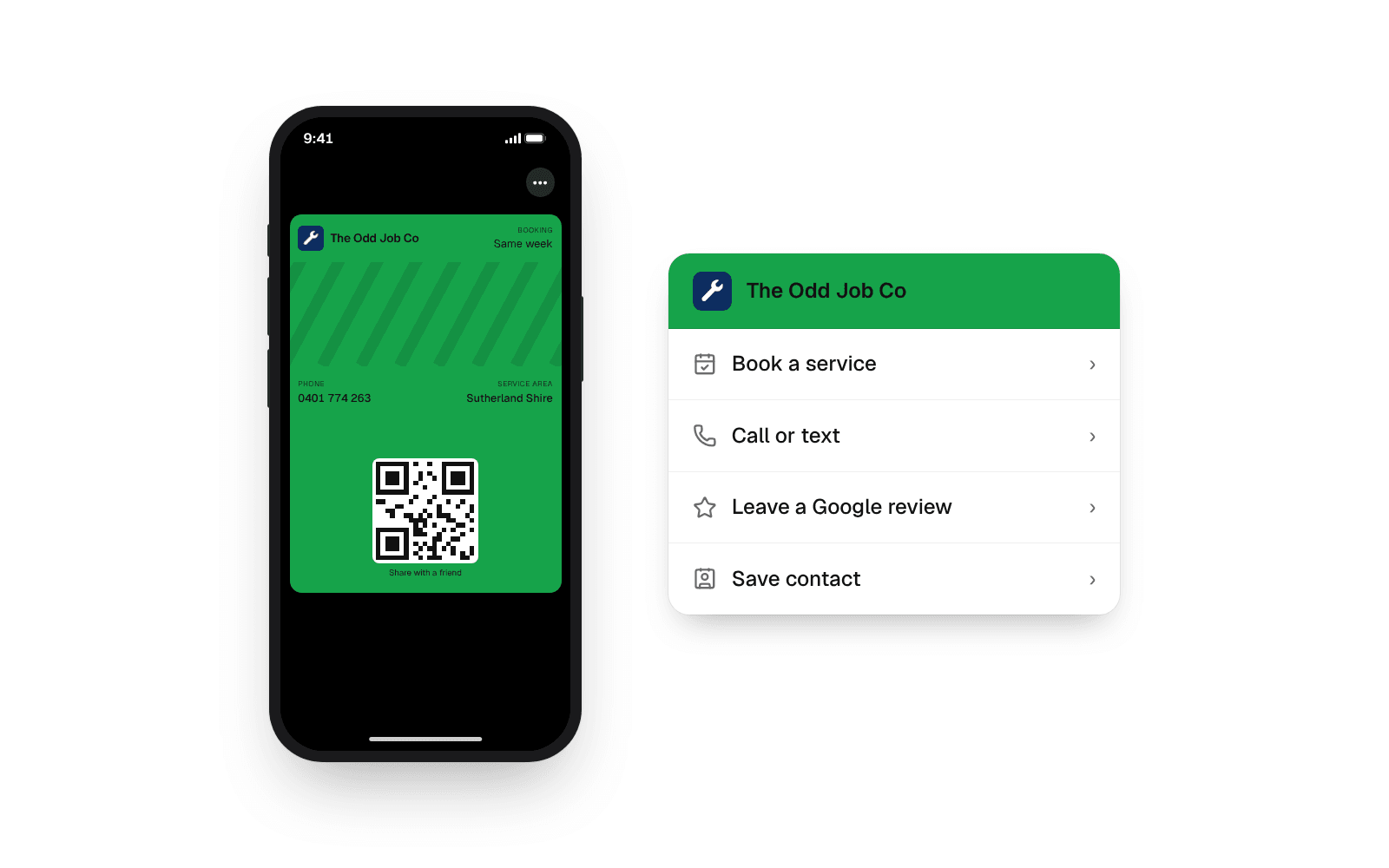 The front and back of The Odd Job Co's green handyman business card in Apple Wallet, with its call, book and review buttons on the back