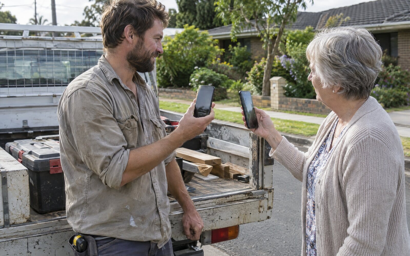 A handyman at the tailgate of his ute holding up his phone while an older homeowner scans it to save his digital business card