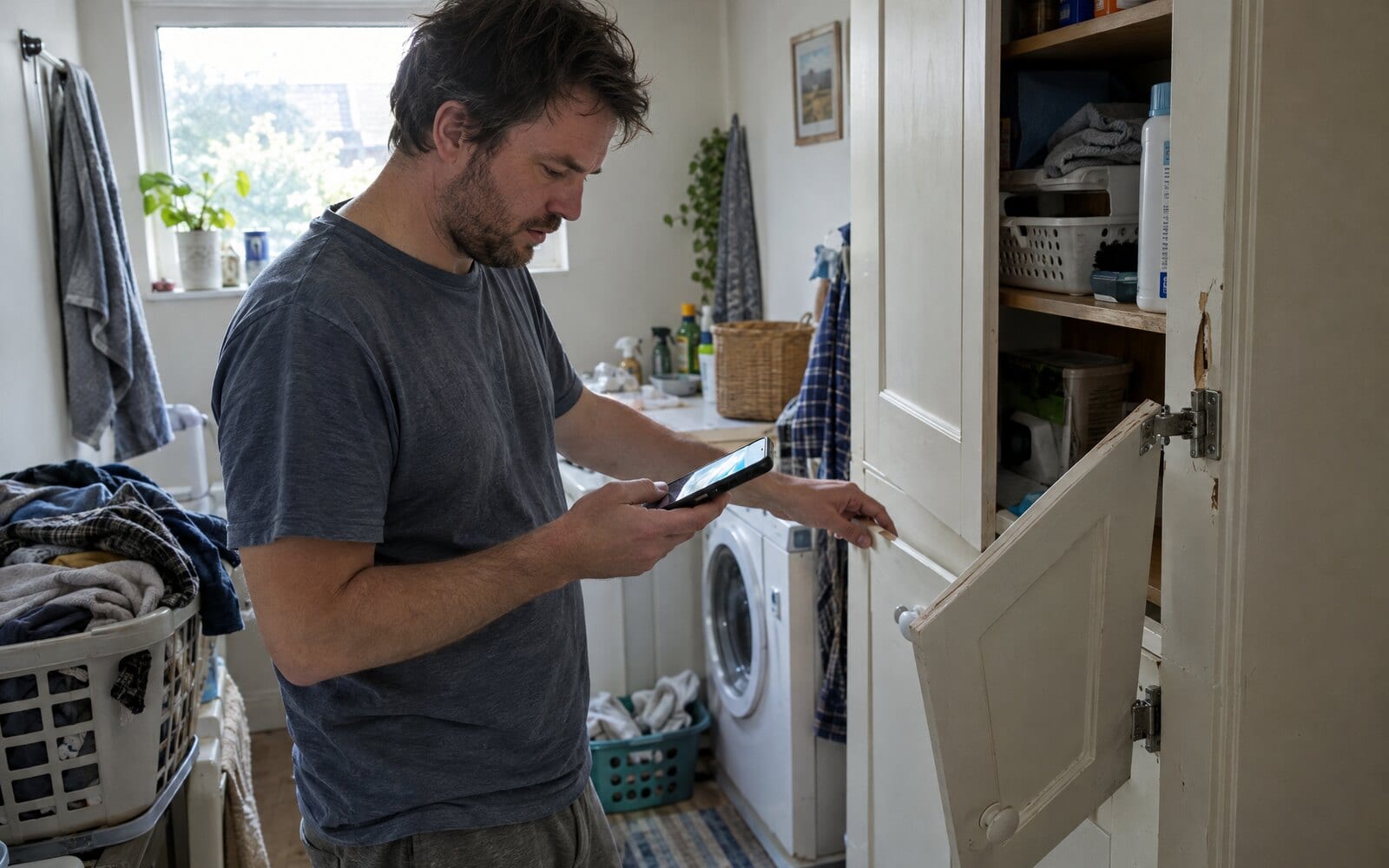 A man in his laundry looking at his phone to call someone, beside a cupboard door hanging off one hinge