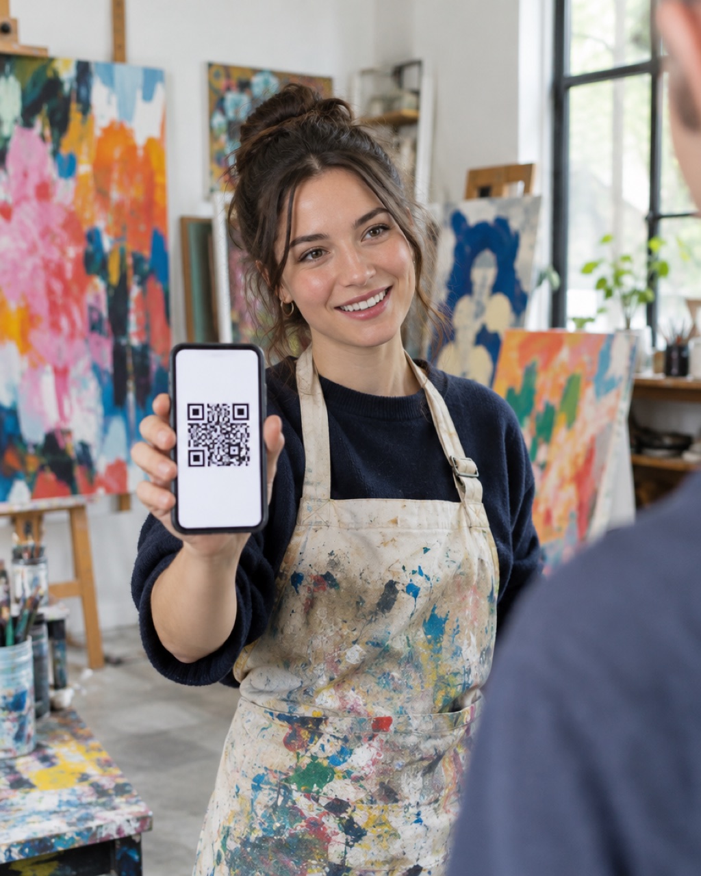 A painter in a studio full of canvases, showing a visitor her card on her phone