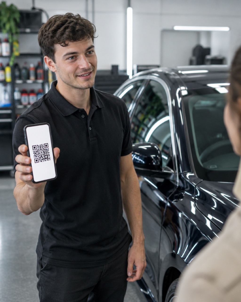 A car detailer beside a gleaming car in a detailing bay, showing the owner his card on his phone