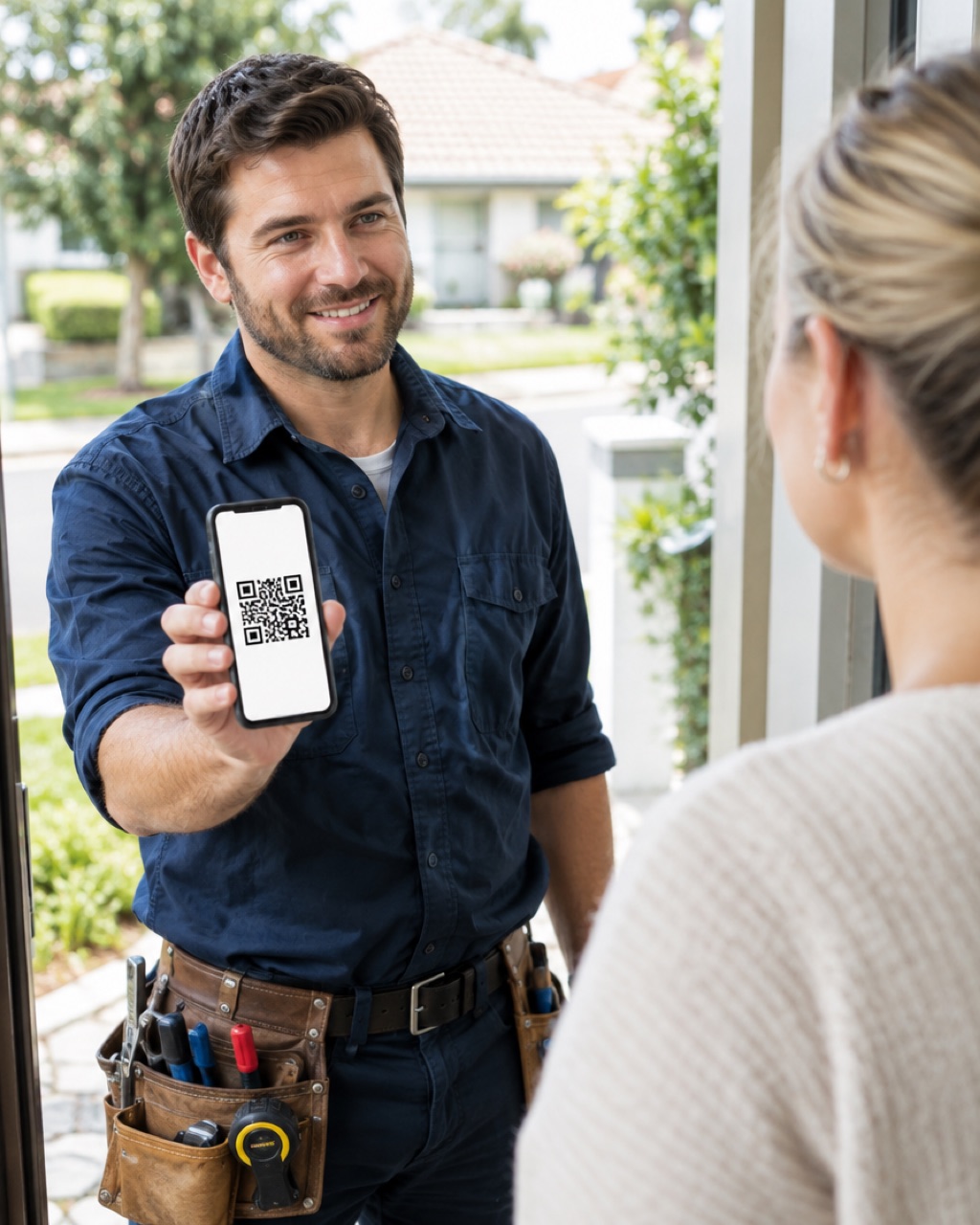 A handyman with a tool belt at a customer's front door, showing her his phone