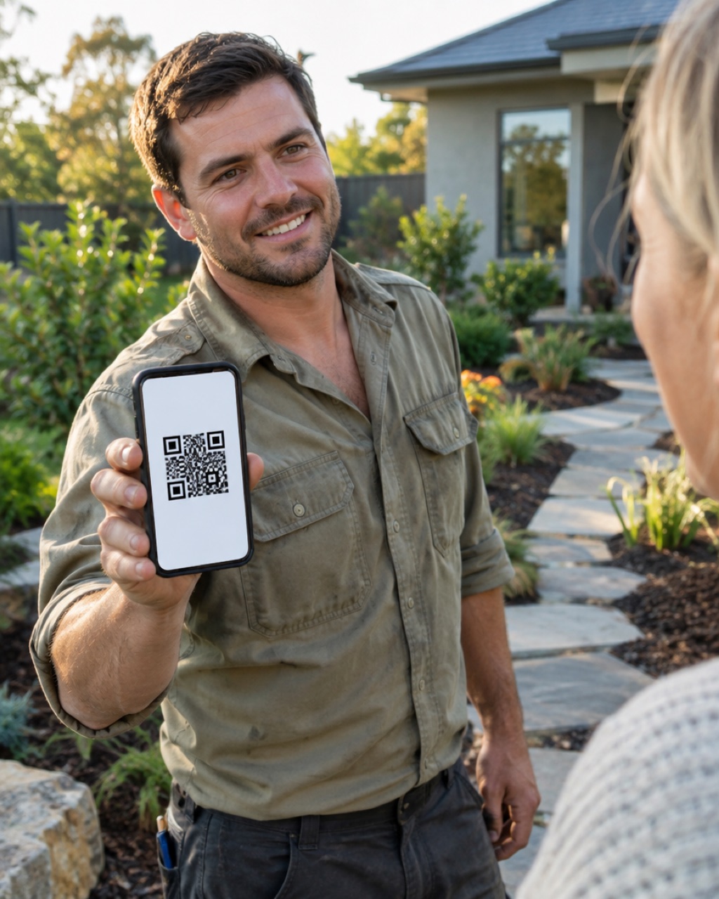 A landscaper in a work shirt beside a finished garden, showing the homeowner his card on his phone