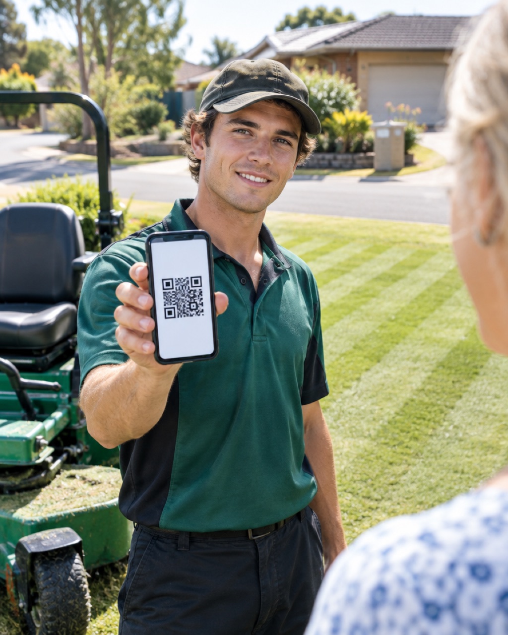 A lawn care operator beside a ride-on mower on a freshly striped lawn, showing a customer his phone
